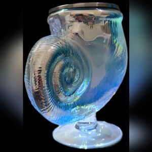 Vintage Iridescent Glass Nautilus Shell Pillar Candle Holder India Handcrafted